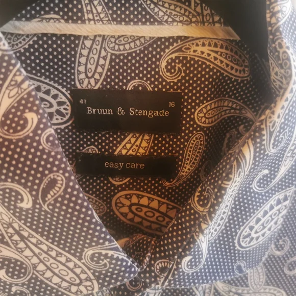 Bruun & Stengade Cotton Navy and White Paisley Mens Button-Down Shirt Sz 41 - Picture 3 of 5